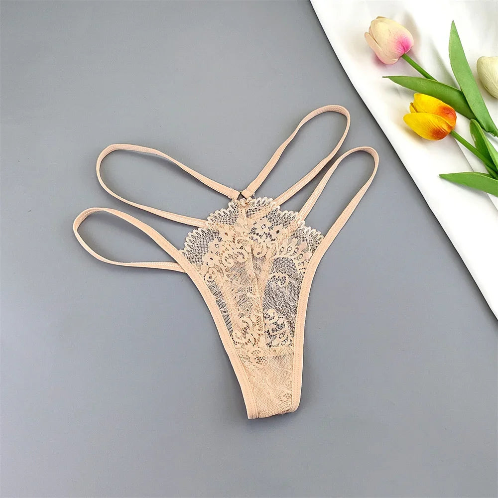 3 Pcs Lace Thin Strap Thong Women Low Waist Sexy Perspective Underwear Ladies Transparent G-string Panty Plus Size T-back