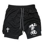 Print 2 in 1 Running Workout Shorts for Men Christian Gym Athletic Performance Shorts with Phone Pocket Towel Loop Activewear