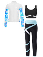 3Pcs Kids Girls Skating Athletic Fitness Workout Tracksuit Sleeveless Vest Top +Pants with Long Sleeve Zipper Sweatshirt Gym Set