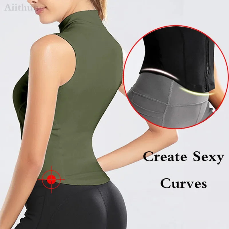 Aiithuug Athletic Zip Up Sweat Vest Jacket Sleeveless Running Yoga Tops High Neck Shirts Sports Top Fitness Women Workout Tops Secondary image