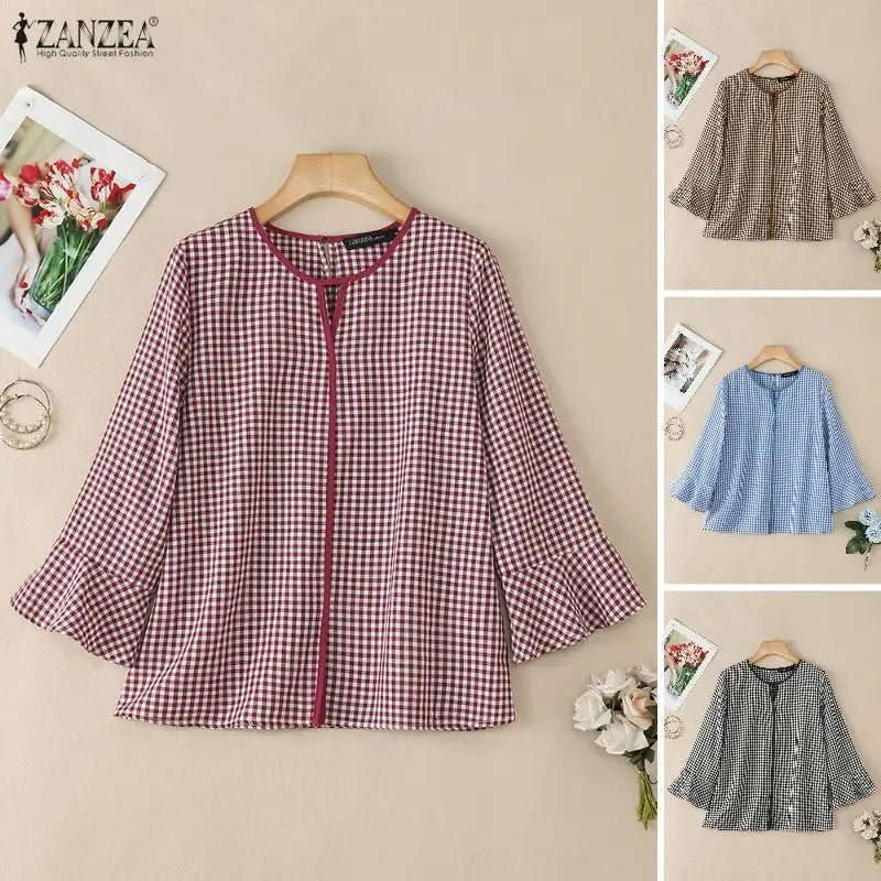 ZANZEA Women Summer Plaid Patchwork Blouse 3/4 Flare Sleeve Cut Out Tops Casual Loose Shirt Retro Chemise Female Work Blusas