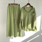 Plus Size Casual Loose Two-Piece Set Wide Leg Pants Long Sleeve Shirt Light Beige Street Style Elegant Quality Polyester Summ...