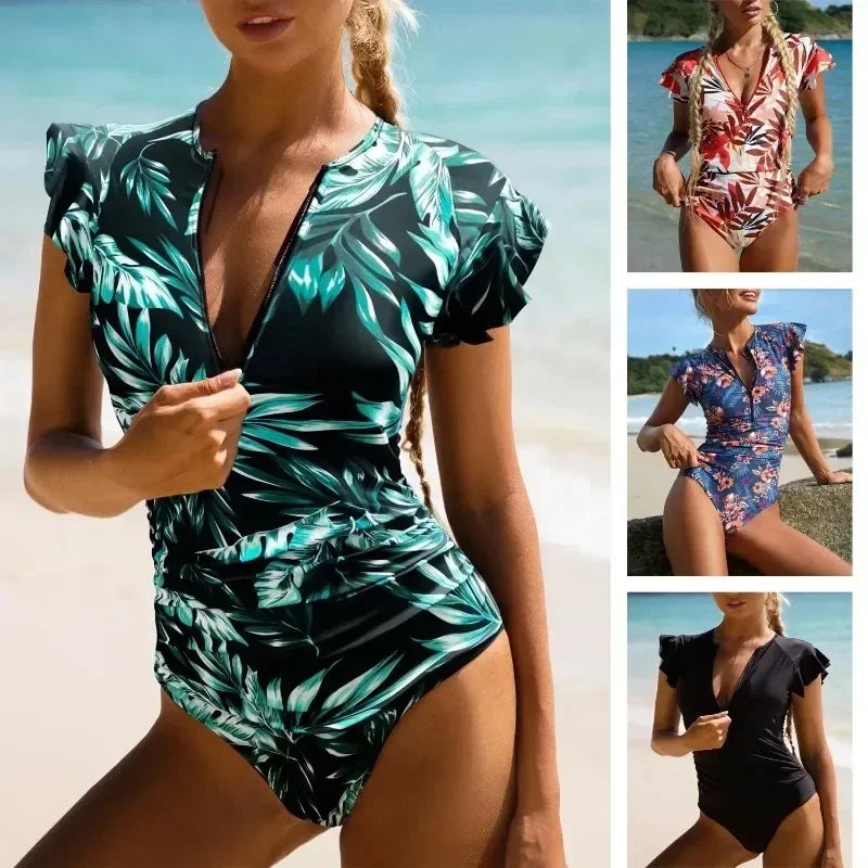 2024 Fashion Short Dress One-piece Swimsuit Zipper Swimsuit Sexy Bikini Women's Thickened Printed Swimming Beach Wear Summer Main image