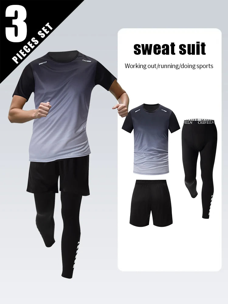 3 Pcs Men's Quick-drying Sports Gradient Suit Leisure Sports Running Short Sleeve Comfortable Sun Protection Pants Joker Shorts