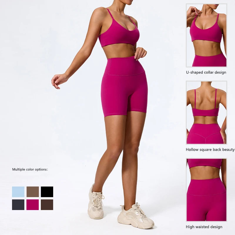Hearuisavy Summer Super-Soft 2Pcs Women's Running Sports Shorts Set Breathable Fitness Yoga Bra Casual Push Up Workout Crop Top