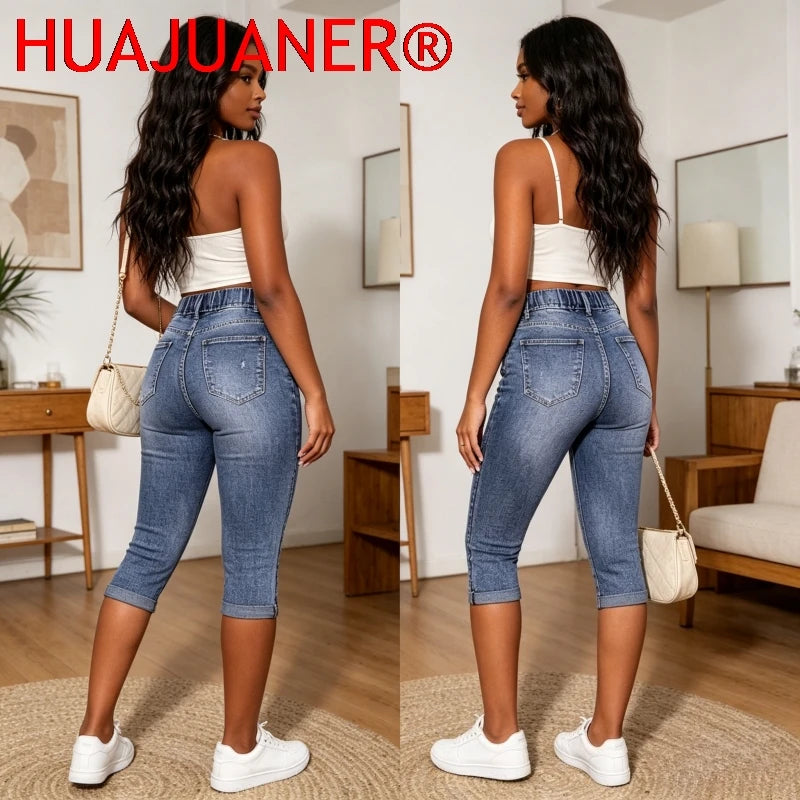 Hole Jeans Women Calf Length Pants Denim Fit High Waist Drawstring Pockets Vintage Pencil Trousers 2026 Streetwear Denims