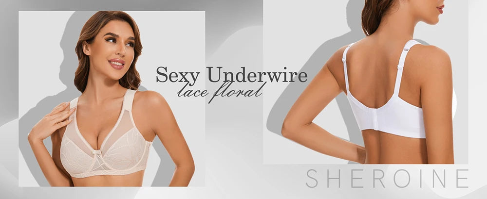 Sheroine Plus Size Women's Lace Floral Minimizer Bra, Underwire Full Coverage Unpadded Bras for Women Lifting Support Comfort