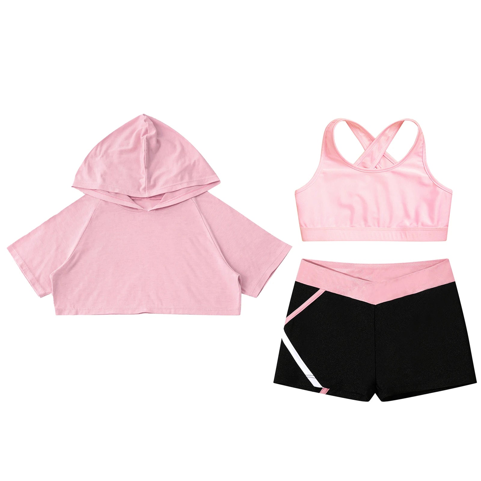 3Pcs Girls Sports Set Vest+Hooded Crop Top+Shorts Sportswear Set for Child Dance Yoga Running Cycling Workout Costume Activewear