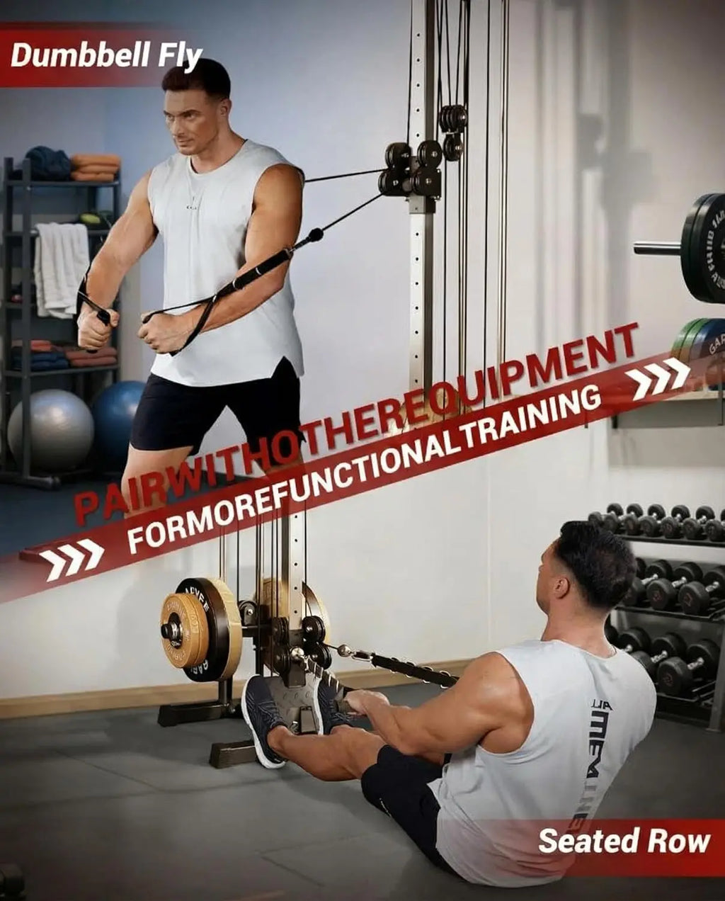 Wall Mount Cable Station Dual Pulley Cable Crossover Machine LAT Pulldown Bar & Foot Board for Home Gym Strength Training