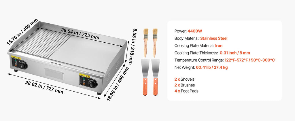 SucceBuy Commercial Electric Griddle 50-300°C Adjustable Temp Control, Stainless Steel Countertop Flat Top Grill for Steak Panc