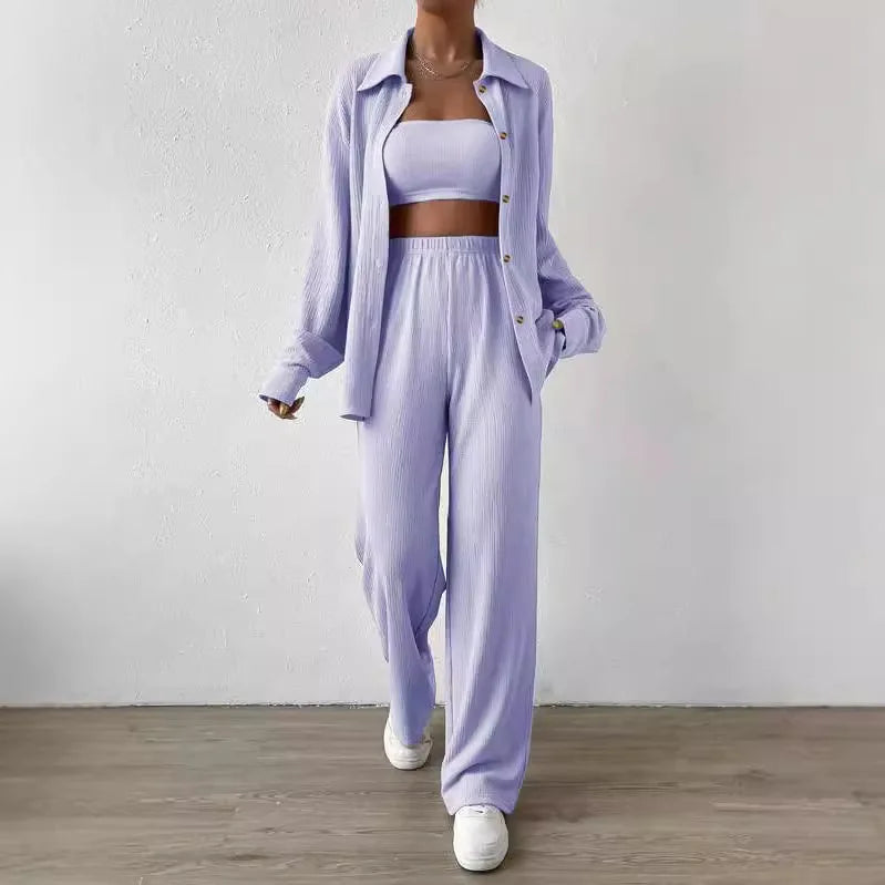 Plus Size Casual Loose Two-Piece Set Wide Leg Pants Long Sleeve Shirt Light Beige Street Style Elegant Quality Polyester Summ...