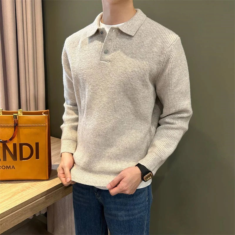 Winter Men's Solid Color Polo Neck Knitted Sweaters Casual Retro Warm Pullovers Knitwear Elegant Y2K Streetwear Jersey Hombre