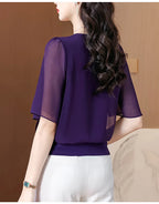 Summer Clothing Half Sleeve Chiffon Blouse 2025 New Fashion Loose Women Tops Solid Color Casual Pullovers Shirt