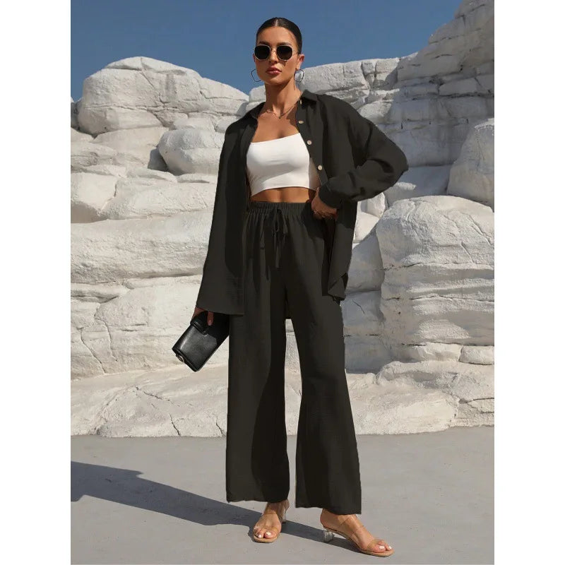 Plus Size Casual Loose Two-Piece Set Wide Leg Pants Long Sleeve Shirt Light Beige Street Style Elegant Quality Polyester Summ... Main image
