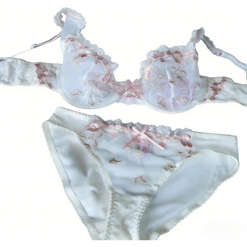 French Style Minimiser Bra Set | Big Size Unpadded Lace Half Cup, Large Cup Thin Anti-Sagging Sheer Lingerie Set BANERDANNI Bras