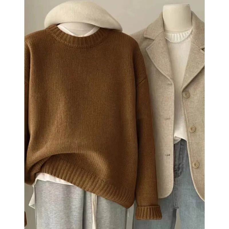Soft waxy round neck 100 pure cashmere sweater women's loose sweater autumn and winter short base sweater