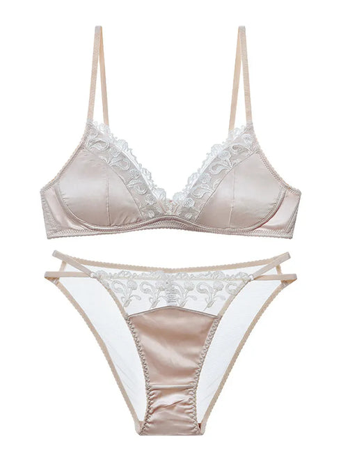 French Style Lingerie Set for Women, Thin Non-Wired Triangle Cup Bra, Lace & Embroidery Design