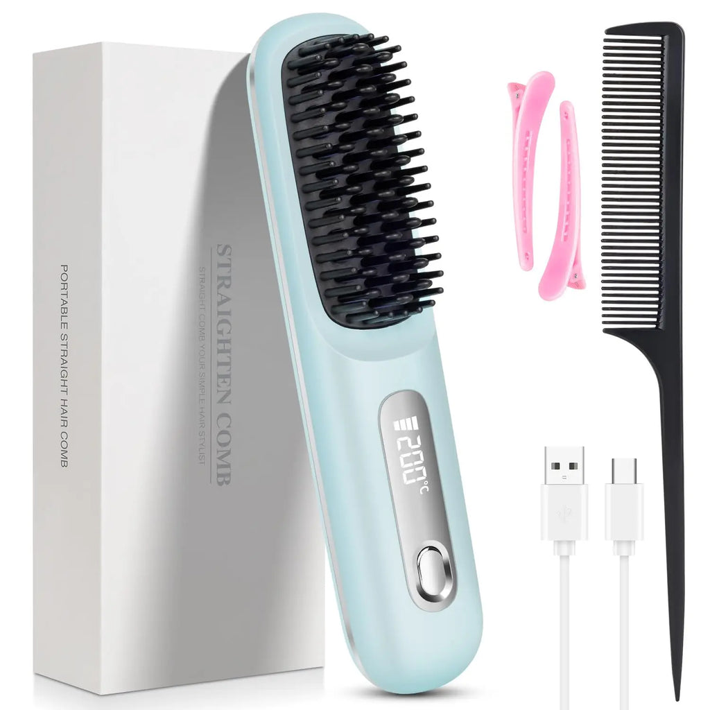 USB Charging Portable Hair Straightener Brush, Cordless Straightening Comb LED Display & Ceramic Coating, Ionic Technology