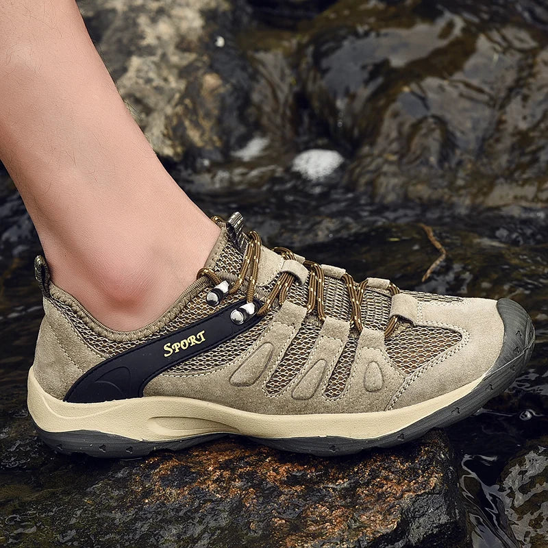 Spring Summer Leather Mesh Outdoor Trekking Shoes Hiking Shoes  Walking Tourism Camping Upstream Sneakers Anti-Slip Breathable