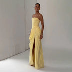 Women Solid Pleated Sexy Strapless Dress Lady Chic Off-shoulder Backless High Waist Split Dresses 2026 New Evening Party Gown