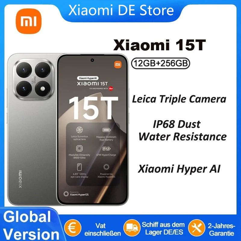 Xiaomi 15T 5G Smartphone Global Version 7.5mm Slim Body 6.83 "AMOLED Display 120Hz MTK Dimensity 8400-Ultra CPU 5500mAh Leica Triple Camera Without Charger