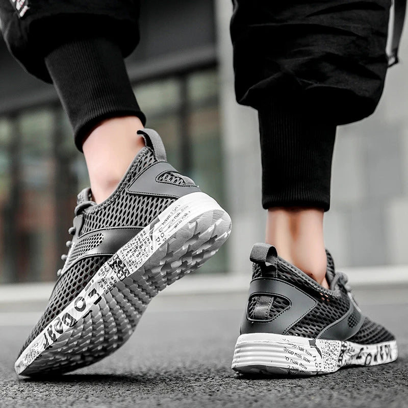 Summer Mens Black Hollow Mesh Sneakers Fashion Breathable Lightweight Casual Walking Shoes Printed Sole Outdoor Sports Footwear