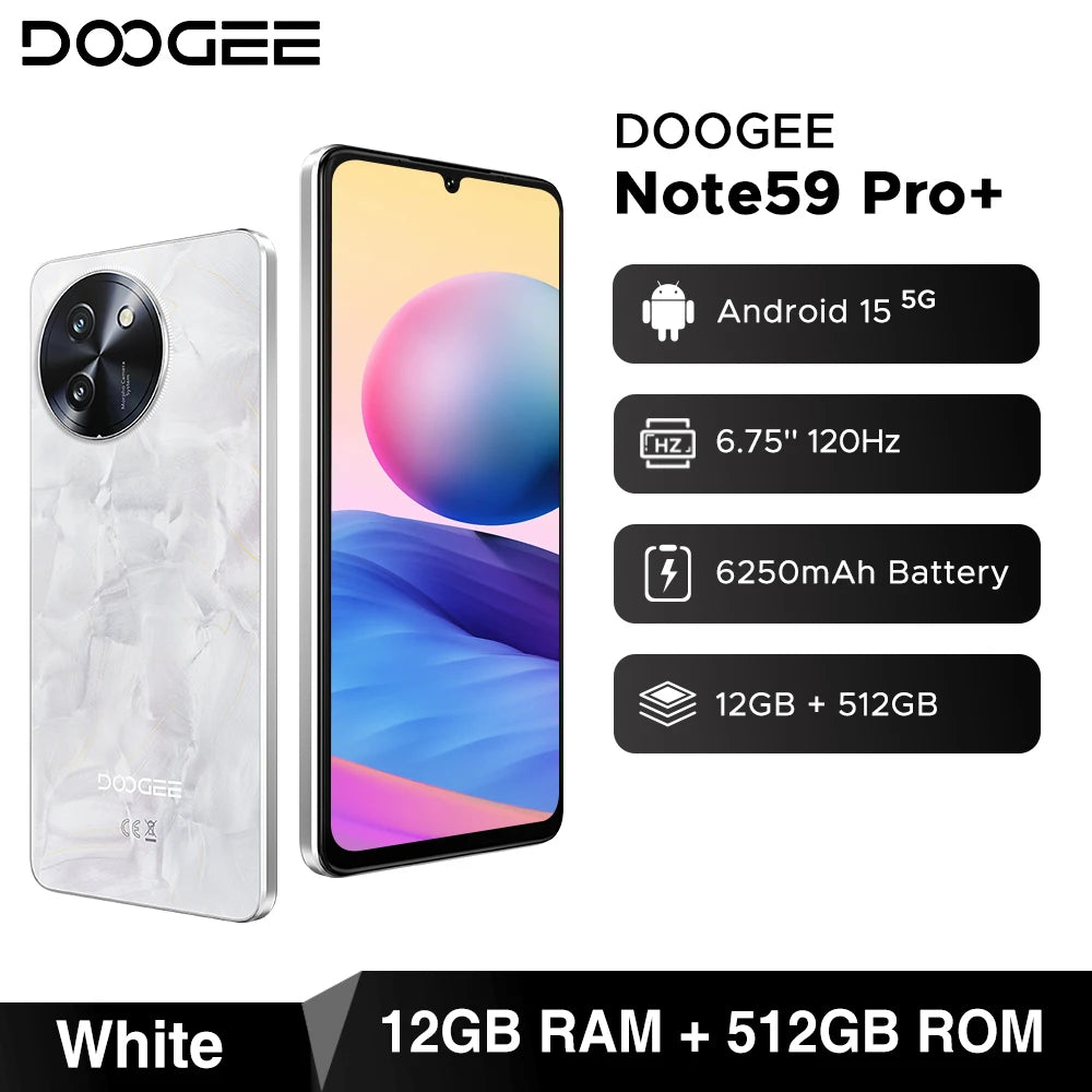 Global Version DOOGEE Note59 Pro+ 5G Smart phone Android 15 6250mAh Battery 6.75'' 120Hz Screen 12GB 512GB AI Camera Cell Phone