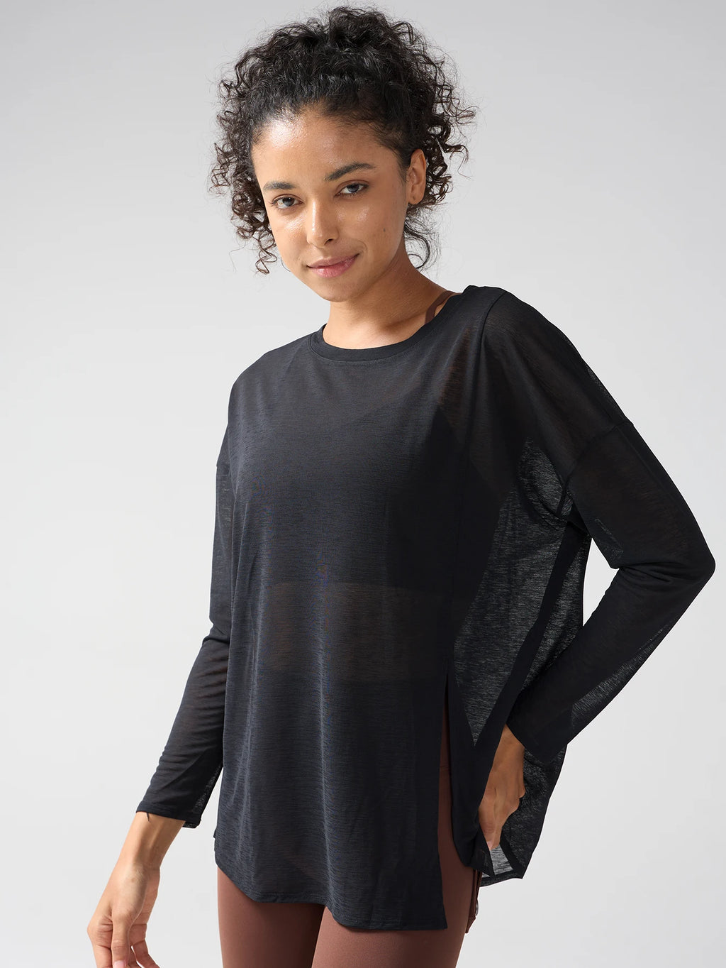 Fashion Women's Breathable Loose Quick Drying Long Sleeve Yoga Shirts Slimming Side Slits Leisure Running Fitness Cycling Tops