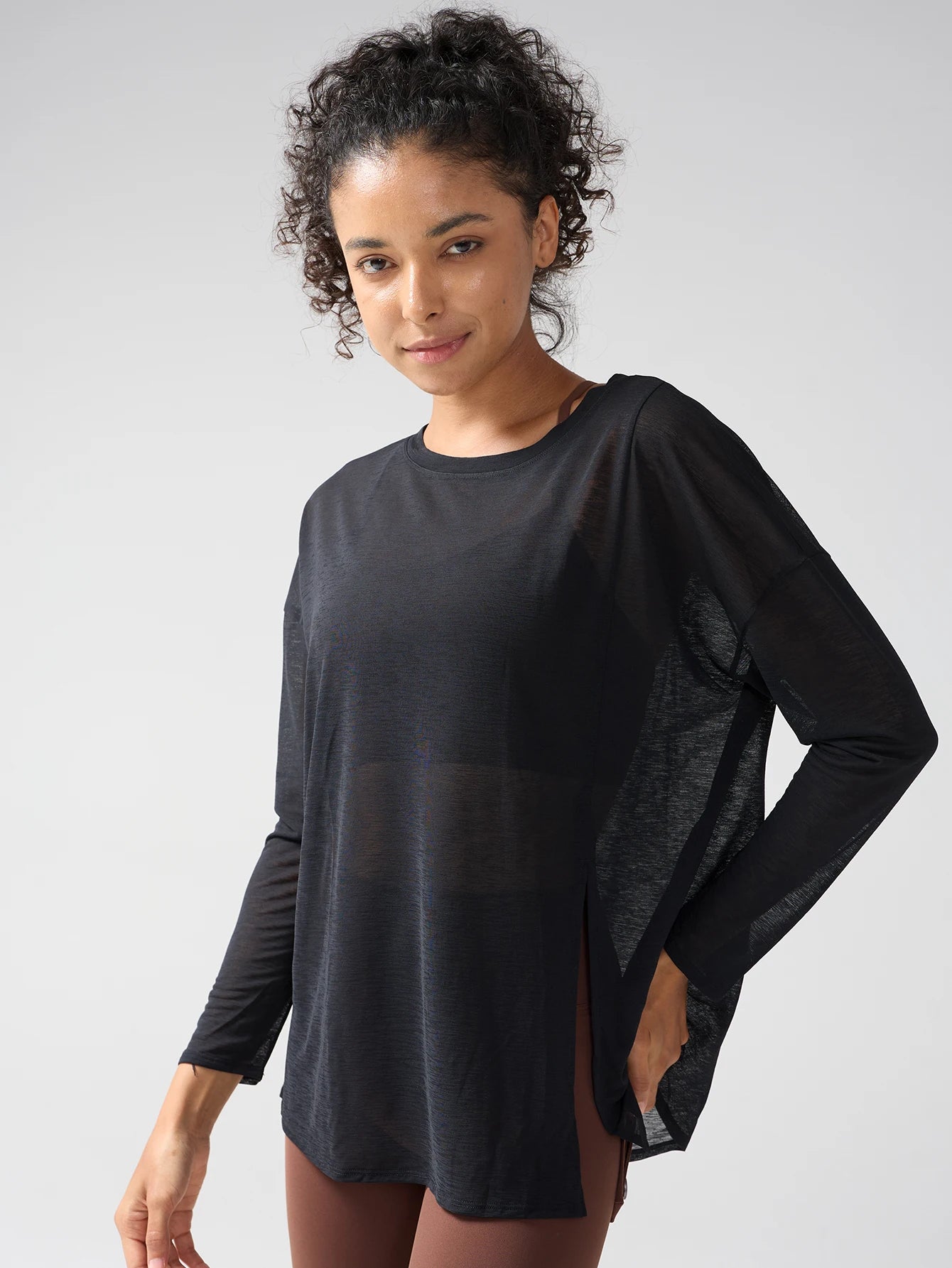 Fashion Women's Breathable Loose Quick Drying Long Sleeve Yoga Shirts Slimming Side Slits Leisure Running Fitness Cycling Tops
