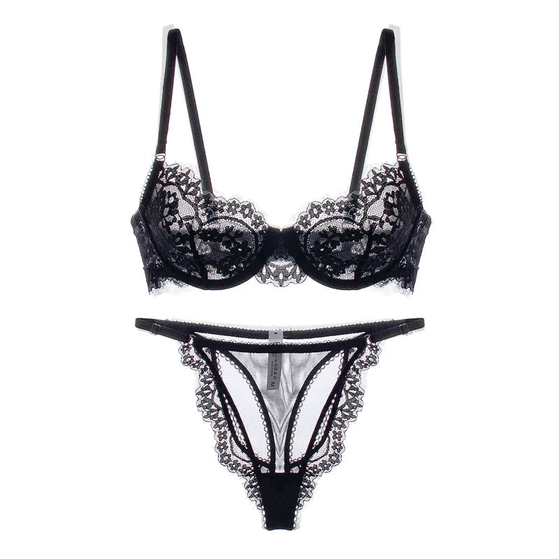 Sexy thin lace lingerie briefs sets women large size bras with steel ring see-through underwear set bra set