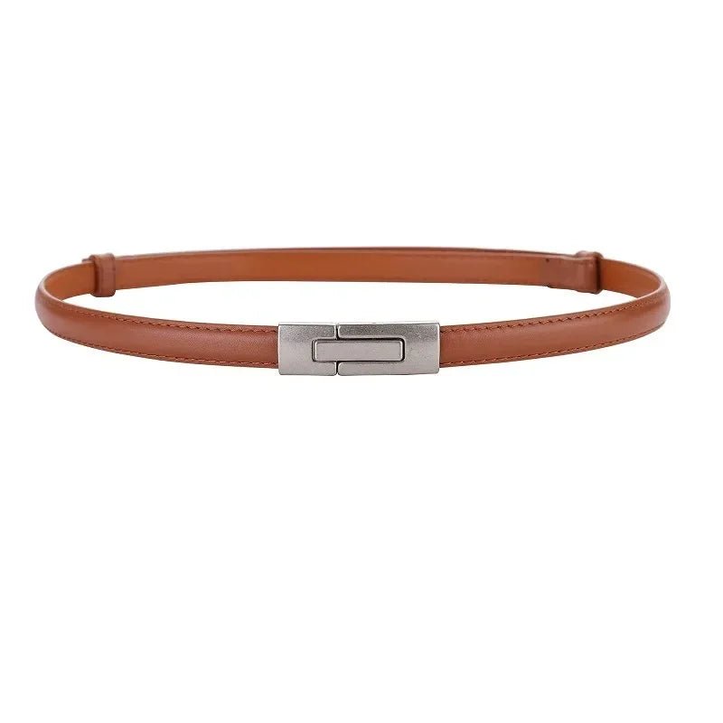 Adjustable Women’s Skinny Thin Belt, Classic Solid Color Genuine Leather Waistband for Trendy Coats and Dresses