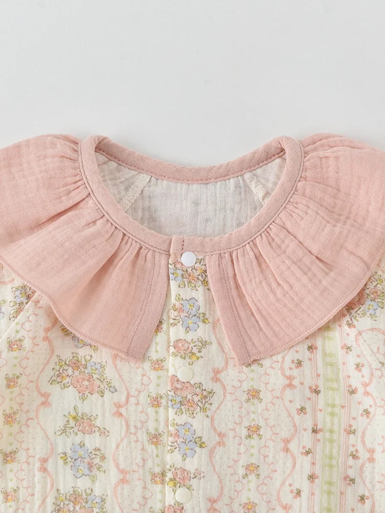 2026 Summer Baby Bodysuit Floral Print Cotton Peter Pan Collar Puff Sleeve Romper for Girls Soft Breathable Outfit