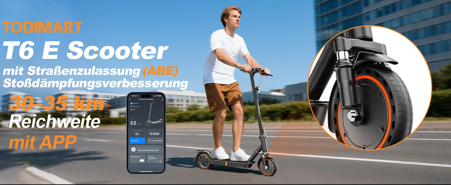 TODIMART T6 ABE e-scooter with road approval, 30 km, 350W, inch tires, Dual shock absorbers, e-scooter for adults