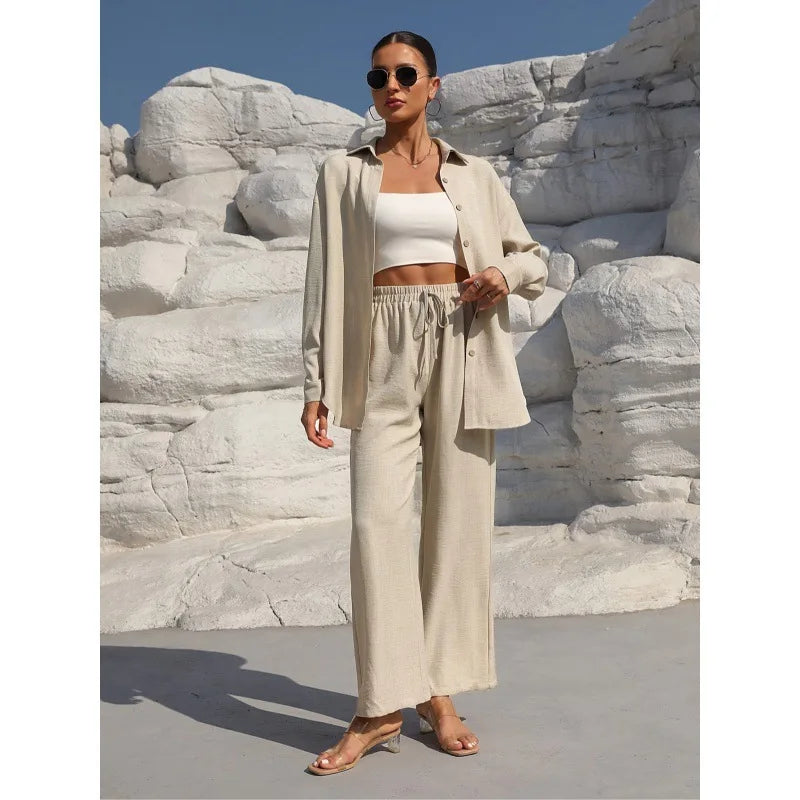 Plus Size Casual Loose Two-Piece Set Wide Leg Pants Long Sleeve Shirt Light Beige Street Style Elegant Quality Polyester Summ...