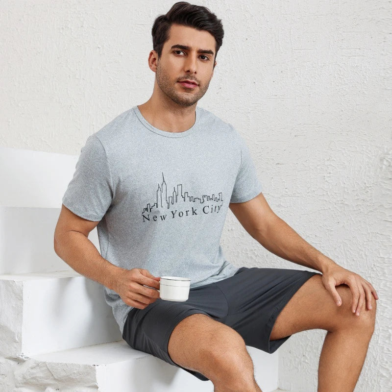 Men's Stylish Pajama 2Pcs Set Satin Short Sleeve And Plaid Shorts Comfortable Soft Sleepware Loungewear Can Be Worn Outside Pjs