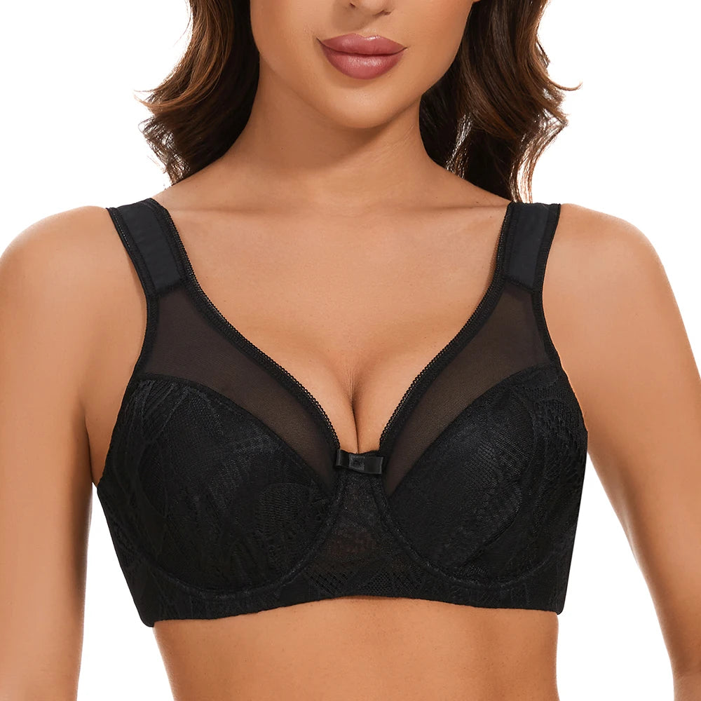Sheroine Plus Size Women's Lace Floral Minimizer Bra, Underwire Full Coverage Unpadded Bras for Women Lifting Support Comfort