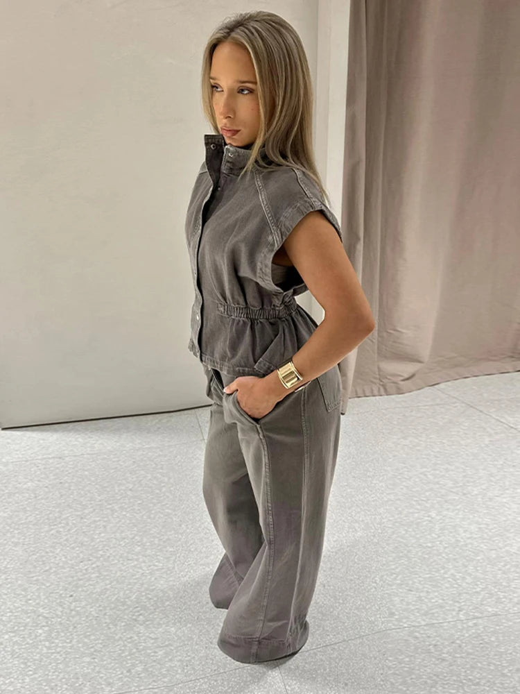 Denim Vest Loose Long Pants Woman Set High Neck Single Breasted Waist Cinched Tops High Waist Trousers Chic Casual Lady New Sets