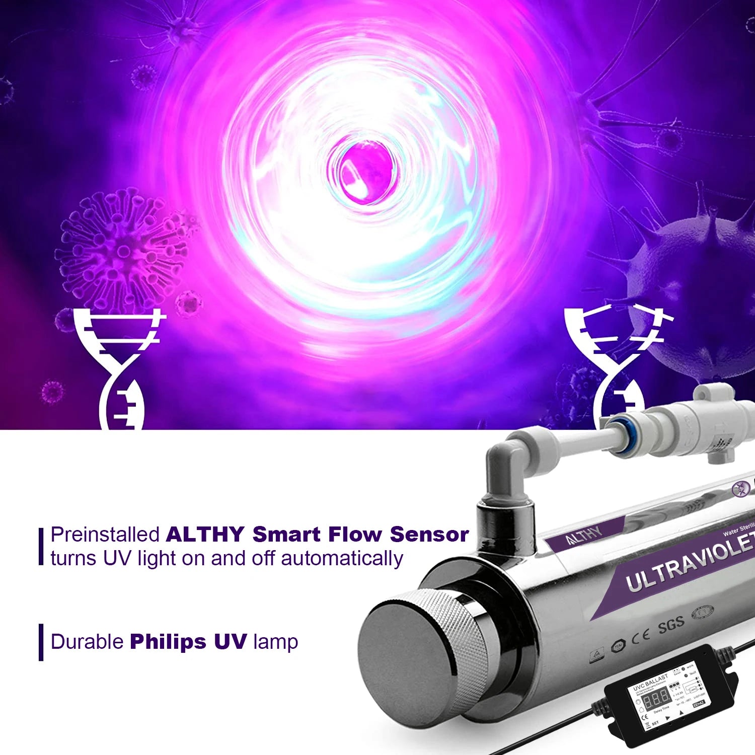 ALTHY UV Ultraviolet Water Sterilizer Purifier System Disinfection Filter Lamp + Flow Switch Control Stainless Steel 1GPM Secondary image