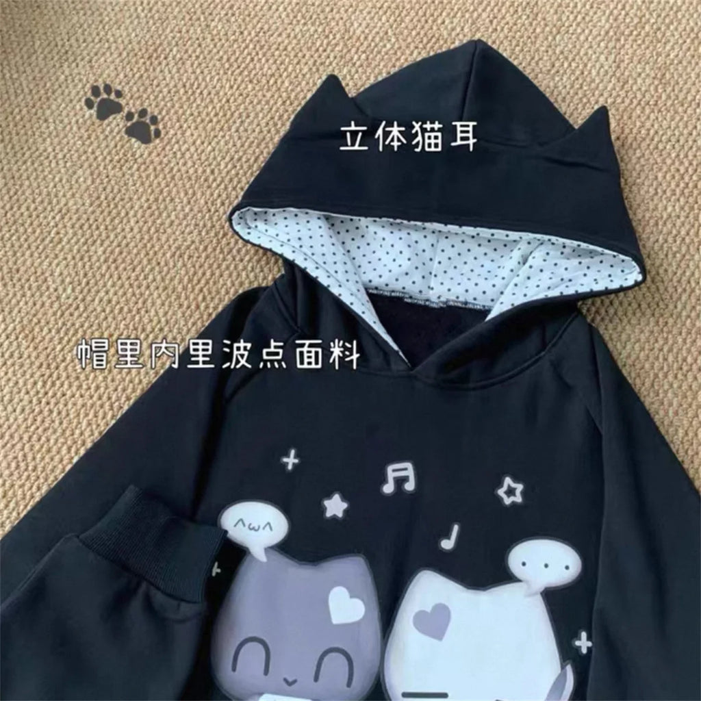 Ropa Cute Hoodies Coats Cartoon Cute Cat Ear Print Hooded Sweatshirts Y2K Tops Women Clothing Casual Zipper Loose New Hoodie