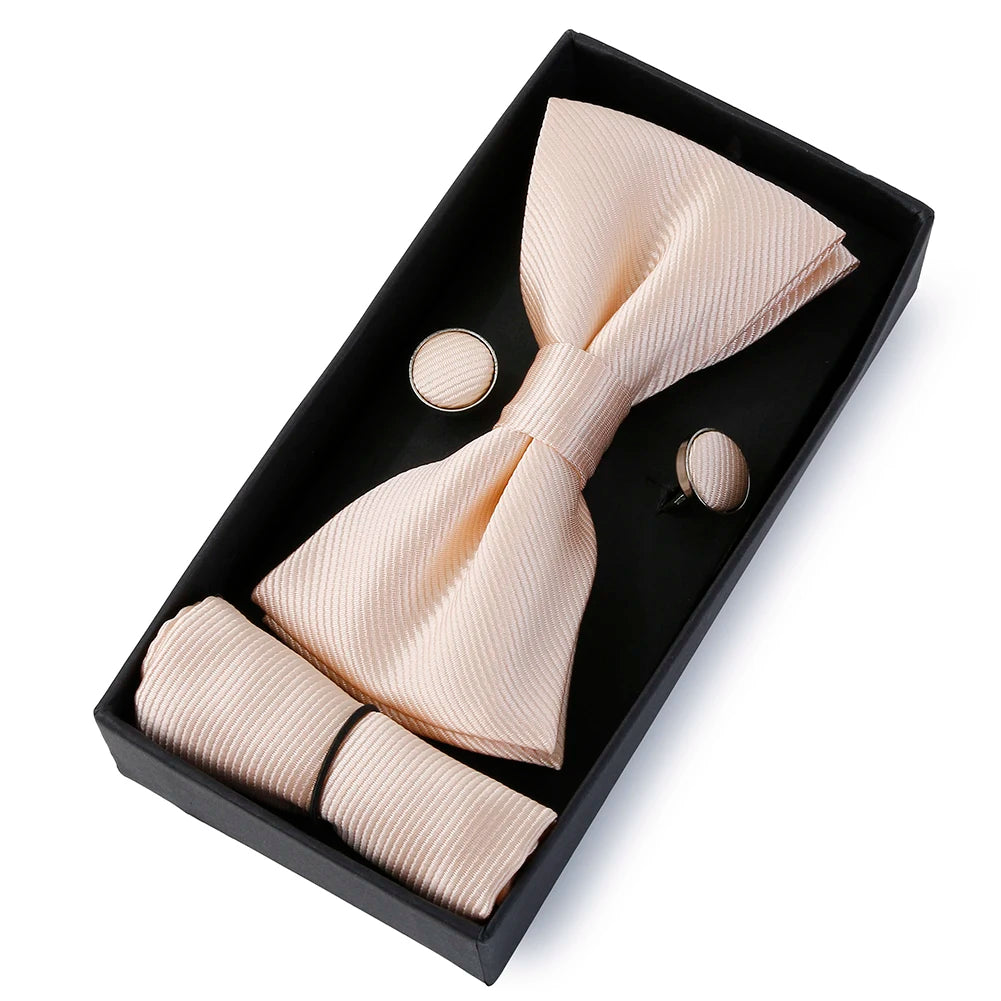 HUISHI Classic Black Bowtie Bow Ties For Mens Butterfly Bowknot Pocket Square Cufflinks Suit Set Bussiness Accessories Gift Box