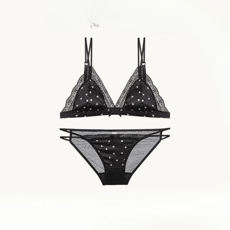 French Style Sweet Triangle Cup Lingerie Set Women Satin Lace Wireless Small Bust Gathered Thin Fabric Sexy Soft Underwear S-XL
