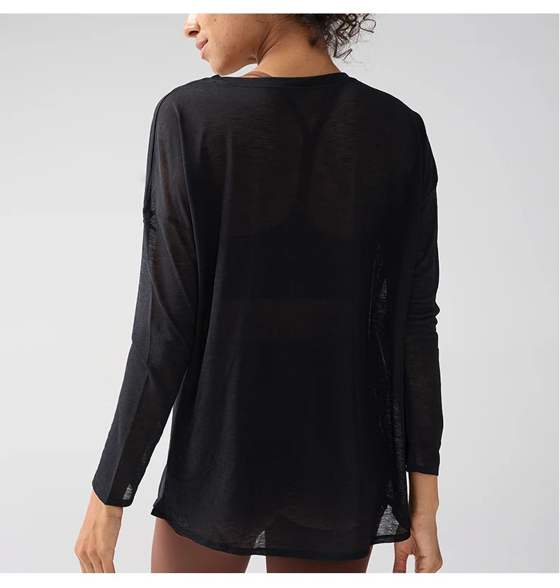 Fashion Women's Breathable Loose Quick Drying Long Sleeve Yoga Shirts Slimming Side Slits Leisure Running Fitness Cycling Tops
