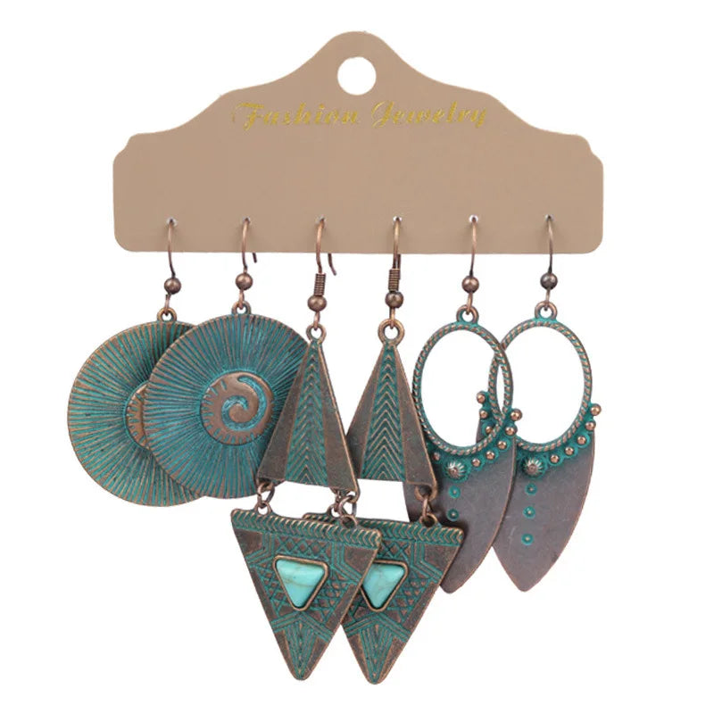 Boho 3Pcs/set Ethnic Leaf Bronze Earrings Set Vintage Hanging Earrings for Women Gypsy Statement Jewelry Accessories Pendientes