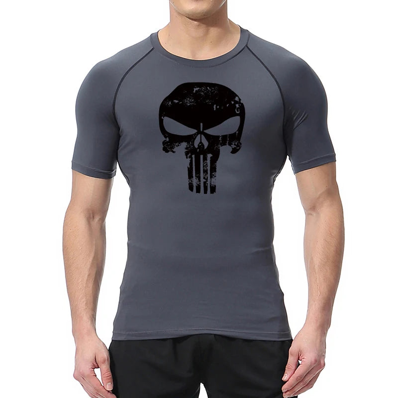 Skull Print Compression Shirts for Men Gym Workout Running Tshirts Sporty Athletic Quick Dry Tees Tops Short Sleeve Rash Guard