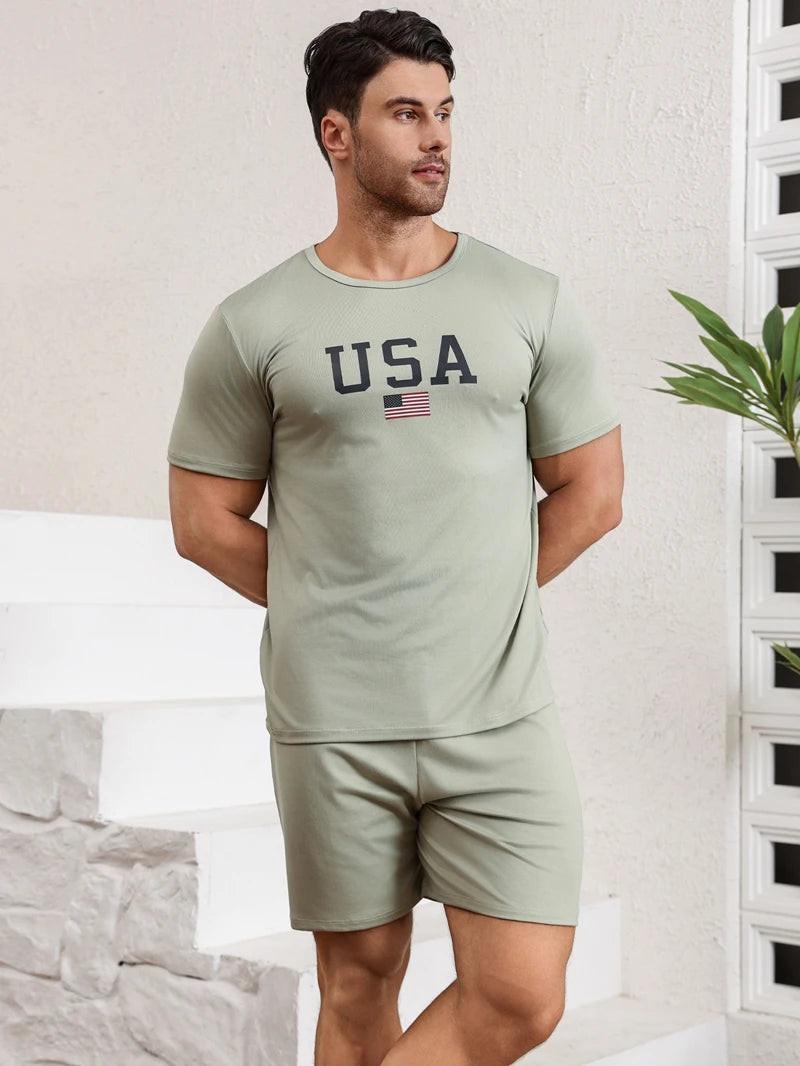 Men's Stylish Pajama 2Pcs Set Satin Short Sleeve And Plaid Shorts Comfortable Soft Sleepware Loungewear Can Be Worn Outside Pjs