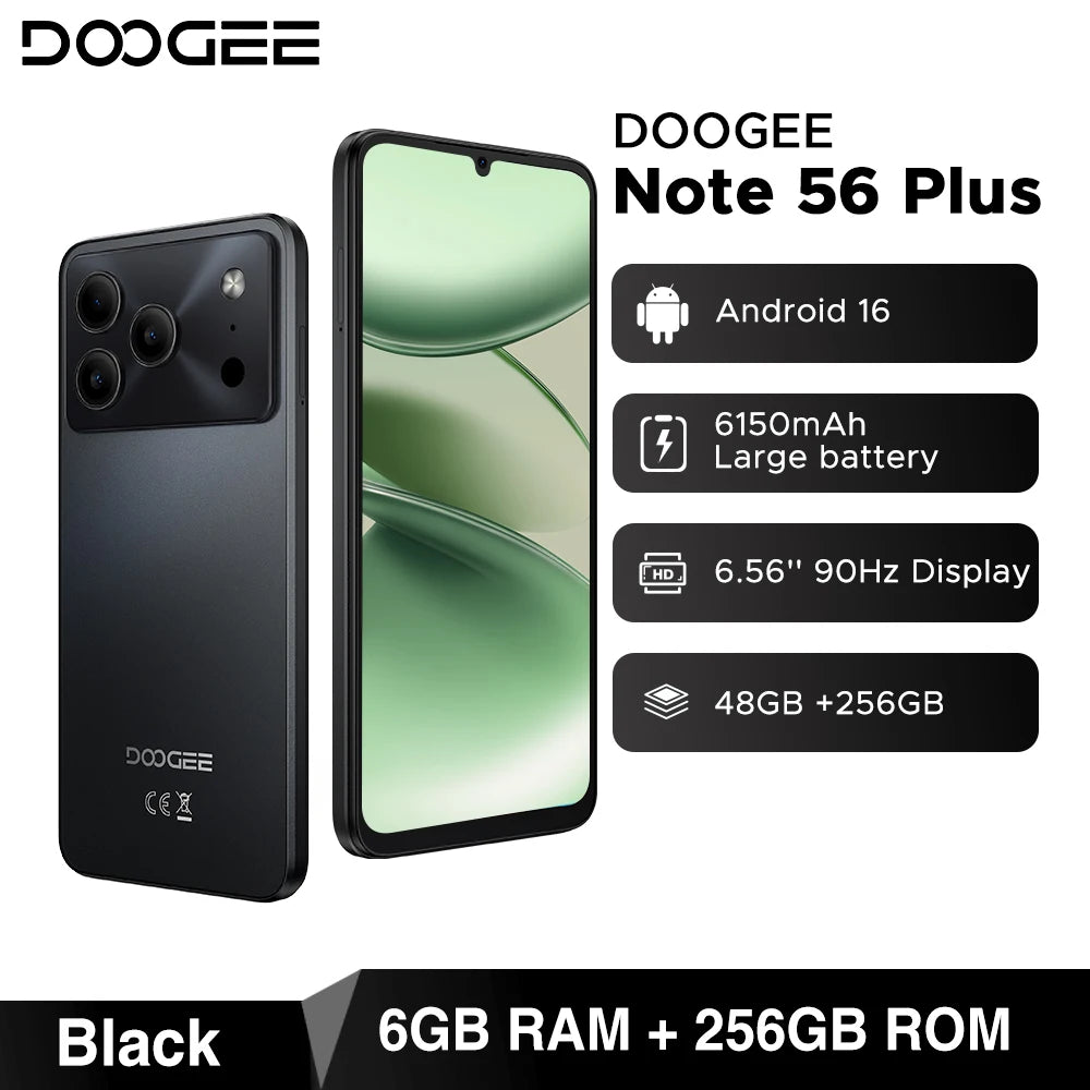 Global Version DOOGEE Note56 Plus Android 16 Smartphone 48GB+256GB 6150mAh Large Battery 6.56'' 90Hz Display 50MP Camera NFC