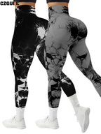 CZGUKE 2-piece women's tie dye pants sports leggings seamless high waisted push ups women's fitness and exercise clothes