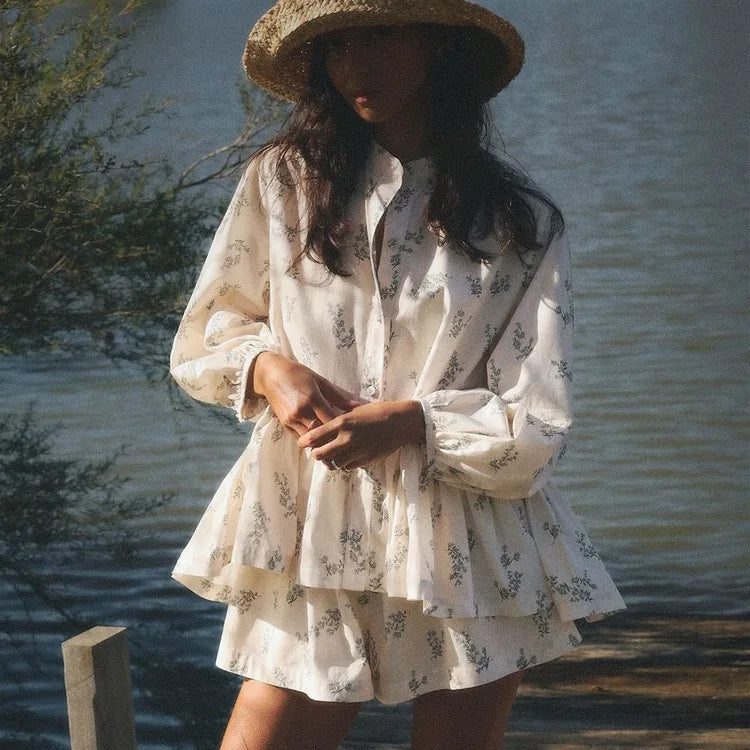 Casual Beige Print Women's Two Pieces Set Fashion Stand Collar Wrist Sleeve Ruffled Shirts And High Waisted Shorts Suit Woman Main image