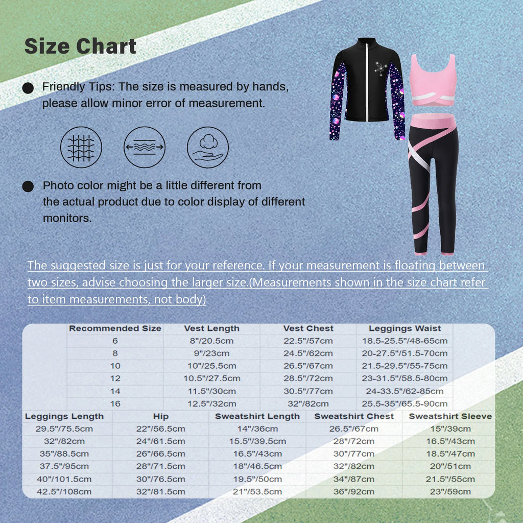3Pcs Kids Girls Skating Athletic Fitness Workout Tracksuit Sleeveless Vest Top +Pants with Long Sleeve Zipper Sweatshirt Gym Set