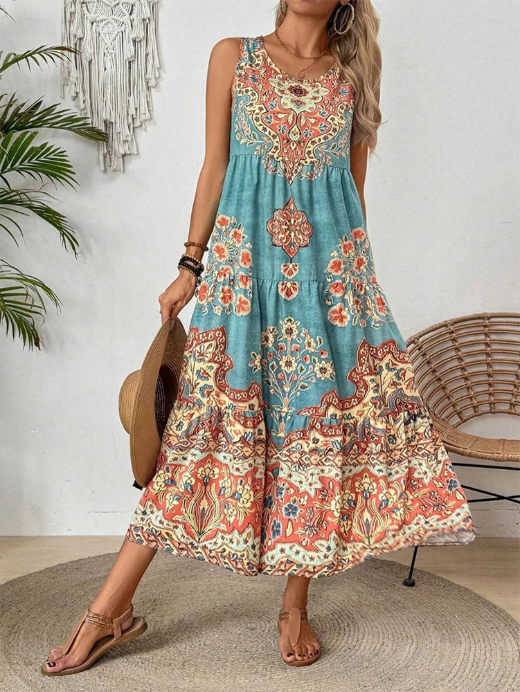 Summer print crew-neck sleeveless dress for women  suitable for casual or beach wear for holiday and long holiday